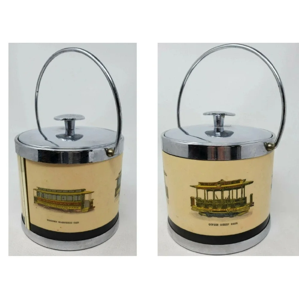 Serv-Master Ice Bucket San Francisco Trolley Cars Chrome Vintage 1960s Cream 1pc